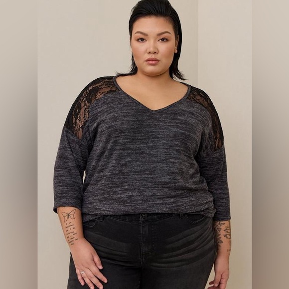 Torrid Relaxed Fit Super Soft Plush V-Neck Lace Yoke Dolman Top XL - Picture 2 of 14